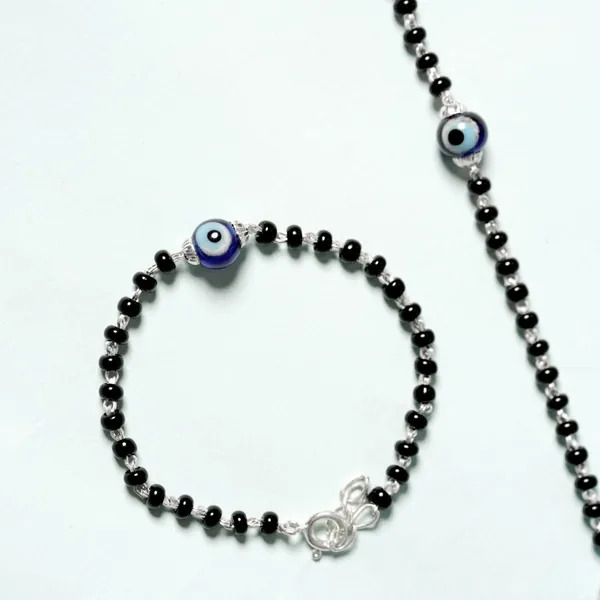 Blue Evil Eye Baby Nazar Bracelet with Black Beads Pure 925 Silver both Baby Boys and Girls