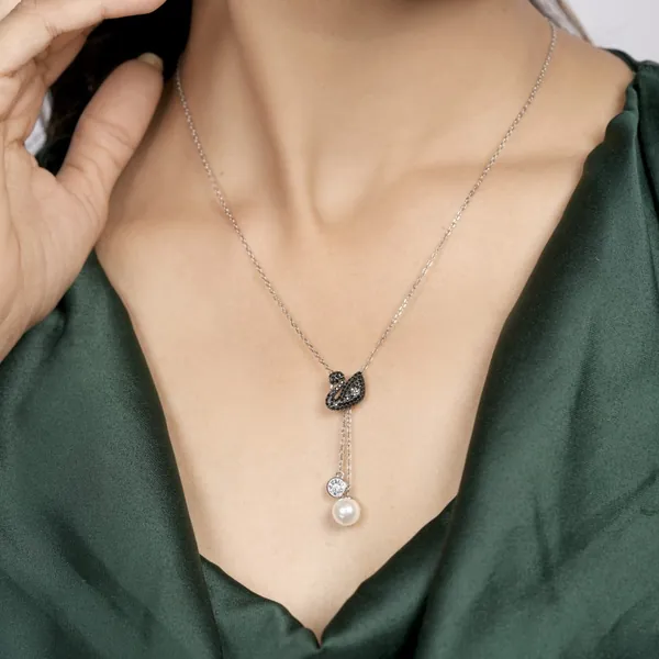 Elegant Black Swan Pendant Necklace with Crystal & Pearl Drop