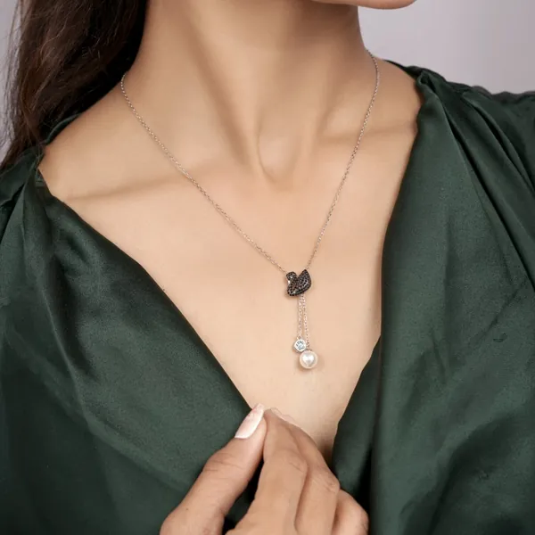 Elegant Black Swan Pendant Necklace with Crystal & Pearl Drop - view 2