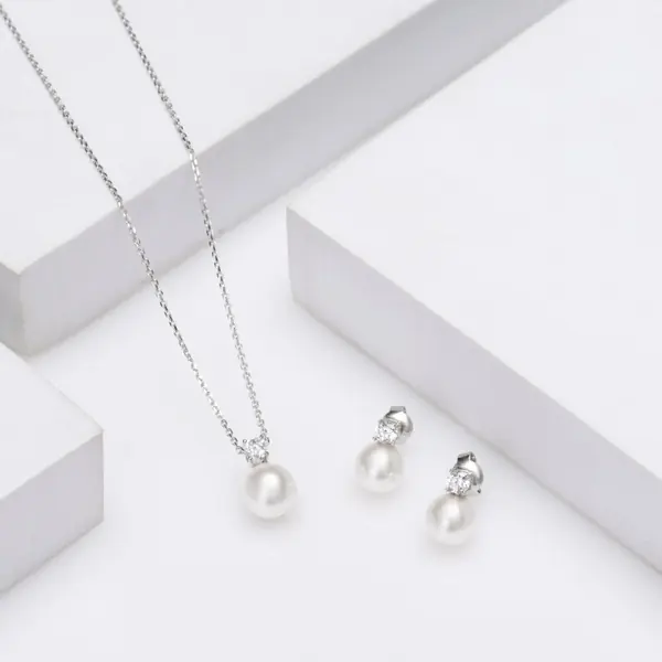 Silver 925 Classic Pearl Pendant Earrings Set with Chain for Women and Girls - view 2