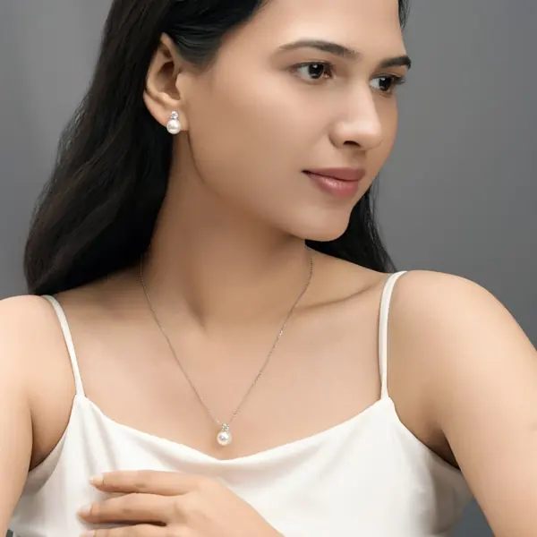 Silver 925 Classic Pearl Pendant Earrings Set with Chain for Women and Girls - view 3