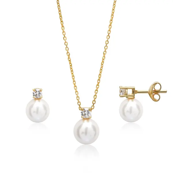 Silver 925 Gold-Plated Pearl Jewellery Set with Chain for Women and Girls