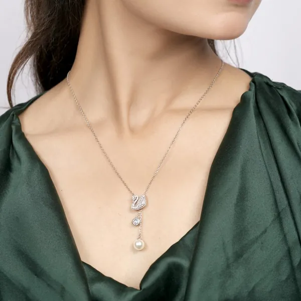 Sparkling Swan Pendant Necklace with Crystal & Pearl Drop - view 2