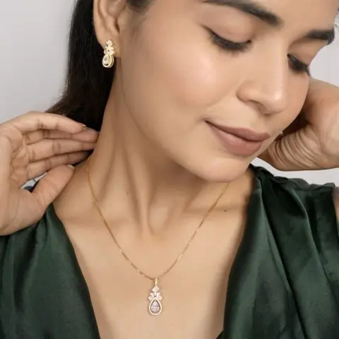 Gold-Toned Teardrop Crystal Pendant & Earring Set for Women