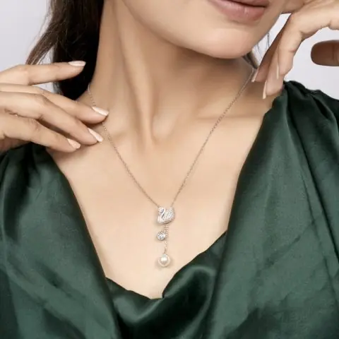 Sparkling Swan Pendant Necklace with Crystal & Pearl Drop