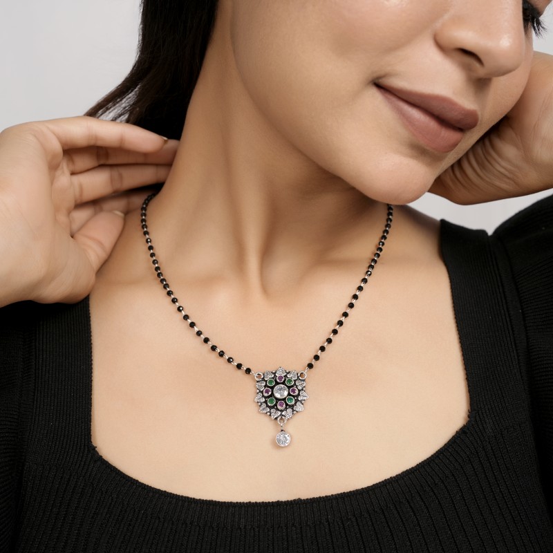Multicolor Floral Cluster 925 Silver Mangalsutra with Drop Pendant