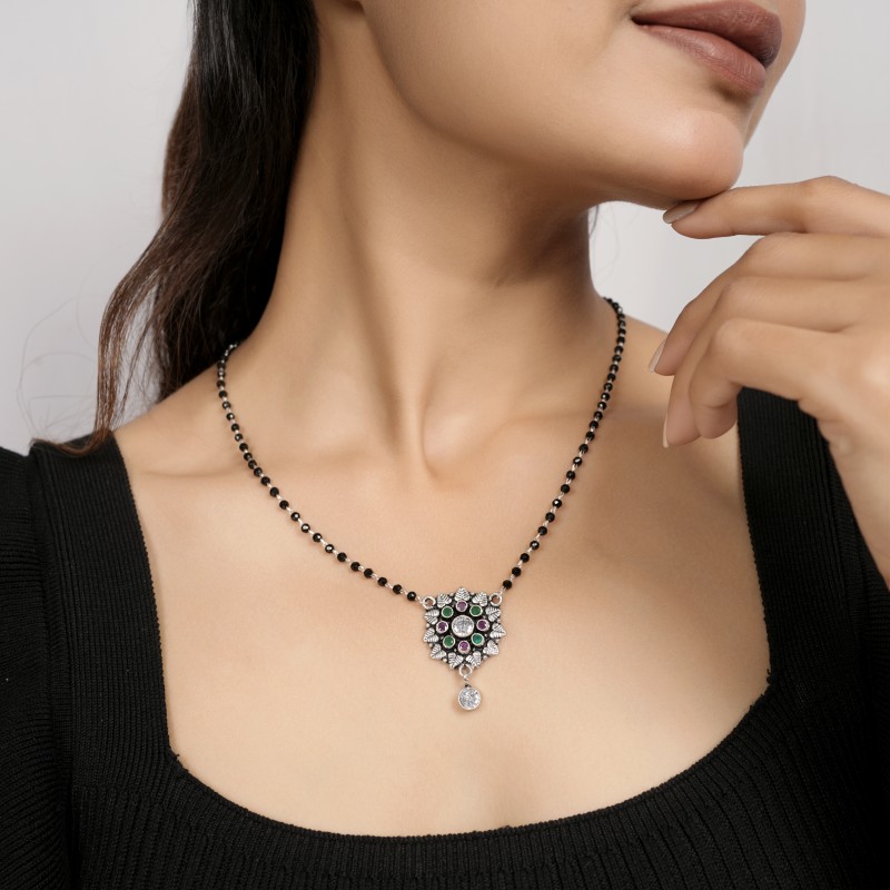 Multicolor Floral Cluster 925 Silver Mangalsutra with Drop Pendant - Image 2
