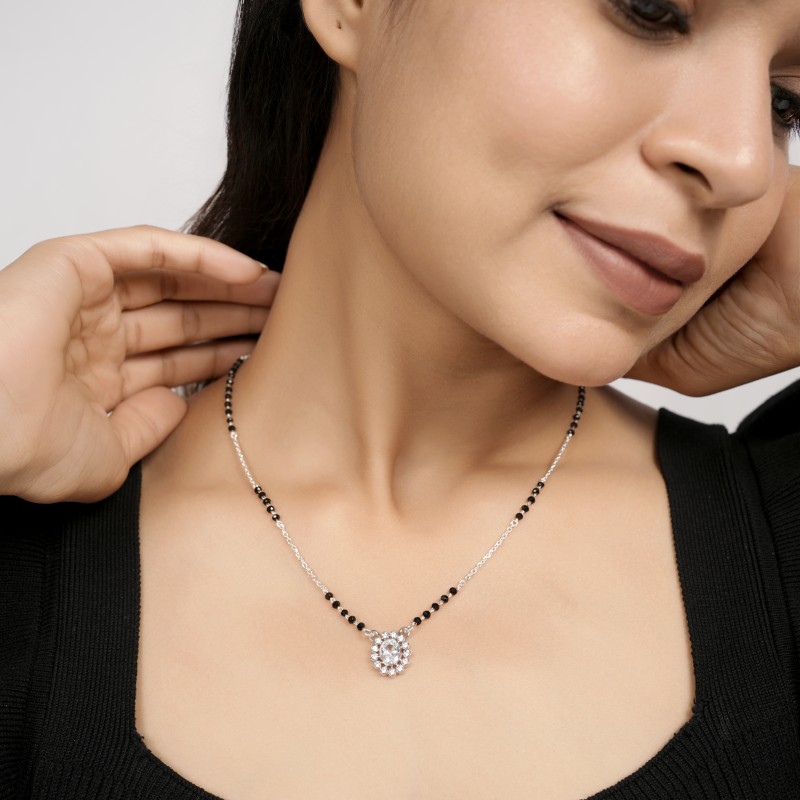 Floral Halo Crystal 925 Silver Mangalsutra for Women