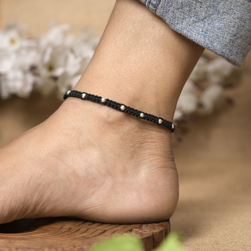 Classic Beaded Rhodium-Plated Sterling Silver 925 Thread Anklet – Single Piece - Image 2