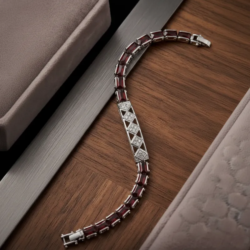 Crimson Lattice – Garnet Silver Bracelet for Men