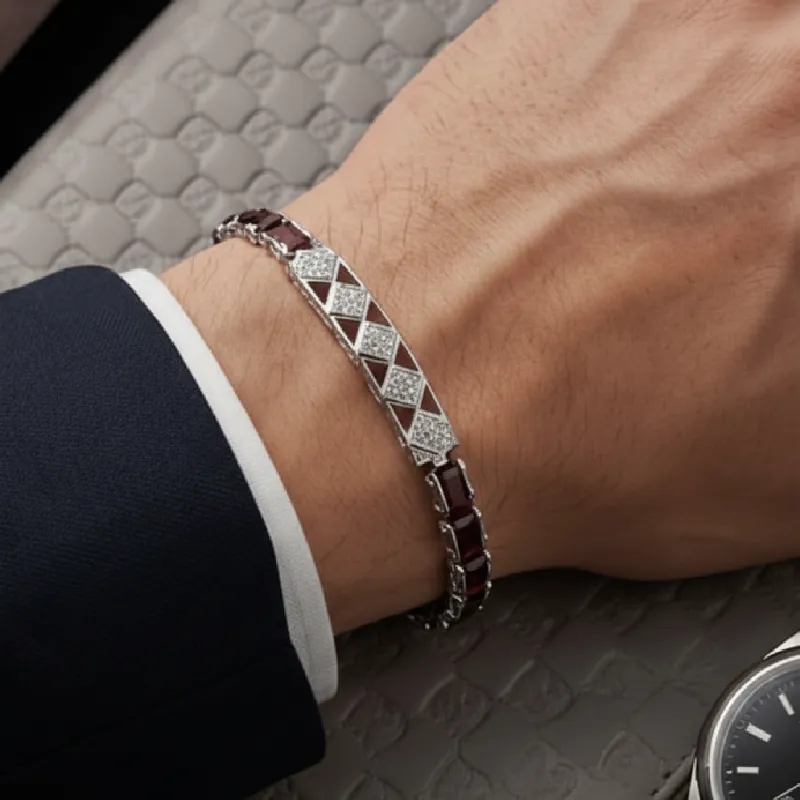 Crimson Lattice – Garnet Silver Bracelet for Men - Image 2