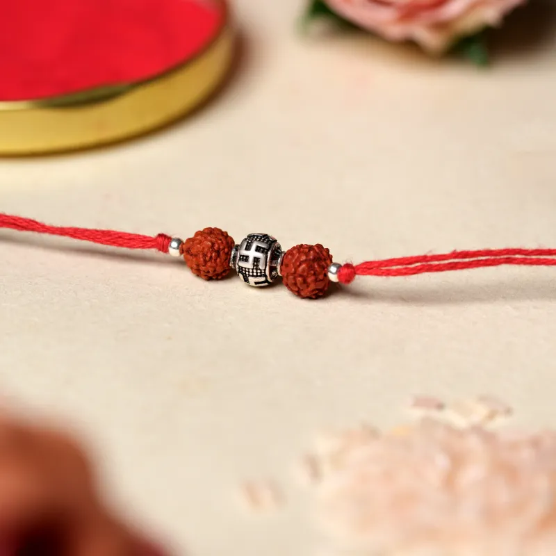 925 Sterling Silver Swastik Rudraksha Rakhi - Image 2
